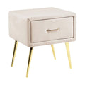 Table de chevet moderne en velours beige avec tiroir et pieds dorés