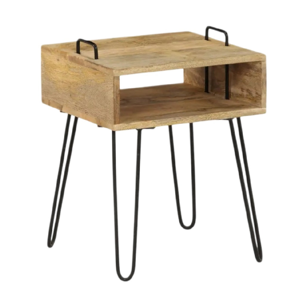 Table basse en bois avec compartiment et pieds en métal